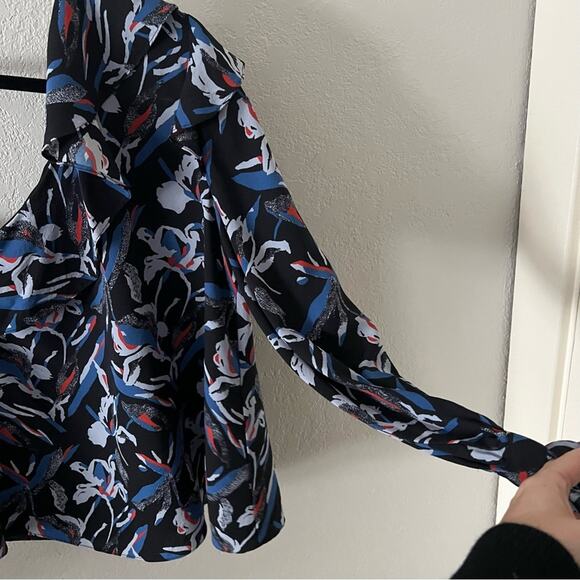 Tanya Taylor Oral Blue Floral Silk One Shoulder Blouse - Picture 6 of 8